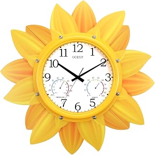 24-Inch Waterproof Sunflower Outdoor Clock with Thermometer & Hygrometer | Silent Non-Ticking, Large Easy-Read Dial, Metal Sunflower Petals, Weatherproof Decor for Patio, Garden, Pool & Porch