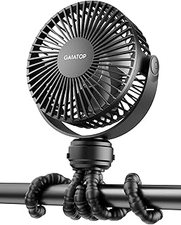 Gaiatop Mini Portable Stroller Fan, Small Clip on Fan 3 Speed Rechargeable | 360° Rotate Flexible Tripod, Battery Operated Detachable, Cooling for Car Seat Crib Treadmill Travel Black
