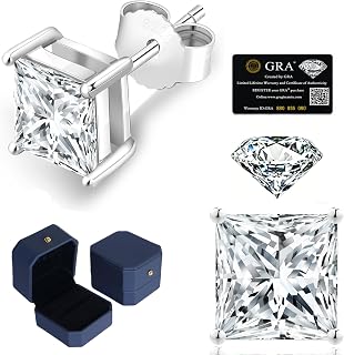 KRKC Moissanite Earrings, Princess Cut Diamond Stud Earrings For Women Men, 14K Gold Earrings, D Color VVS1 Lab Created Diamond 925 Sterling Silver Earrings, Valentine's Day Gifts For Her, 0.8CT-2.0CT