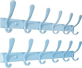 SKOLOO Coat Rack Wall Mounted - 6 Hooks, Pack of 2, Heavy Duty, Stainless Steel, Metal Wall Coat Hanger, Sturdy Wall Hooks for Hanging Coat, Jacket, Clothes, Hat, Blue