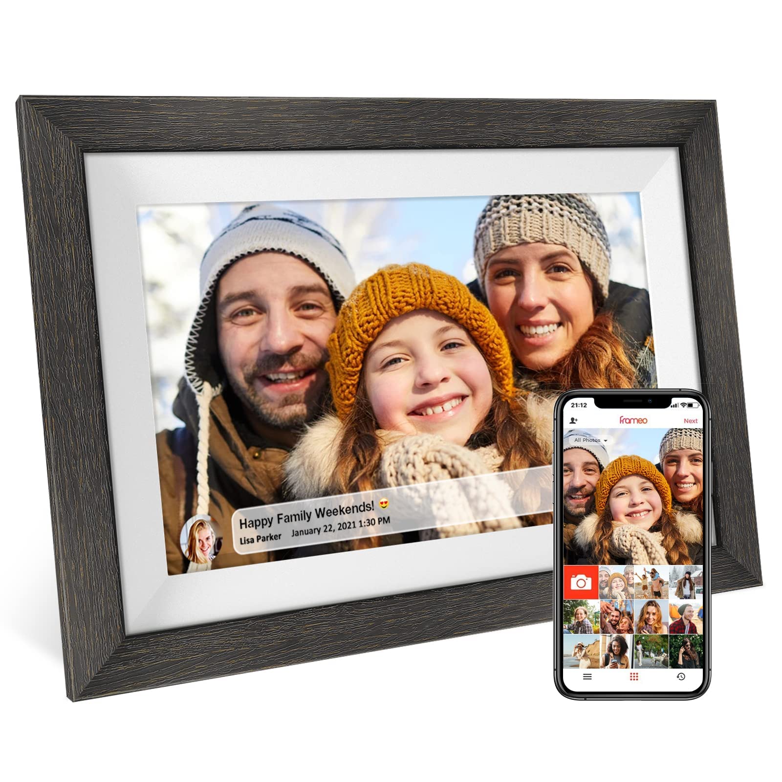 Frameo 10.1 inch Digital Picture Frame WiFi Smart Digital Photo Frame Wood | IPS
