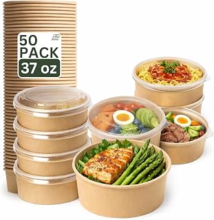 37oz 50Pack Kraft Paper Bowls with Lids, Disposable Meal Prep Containers