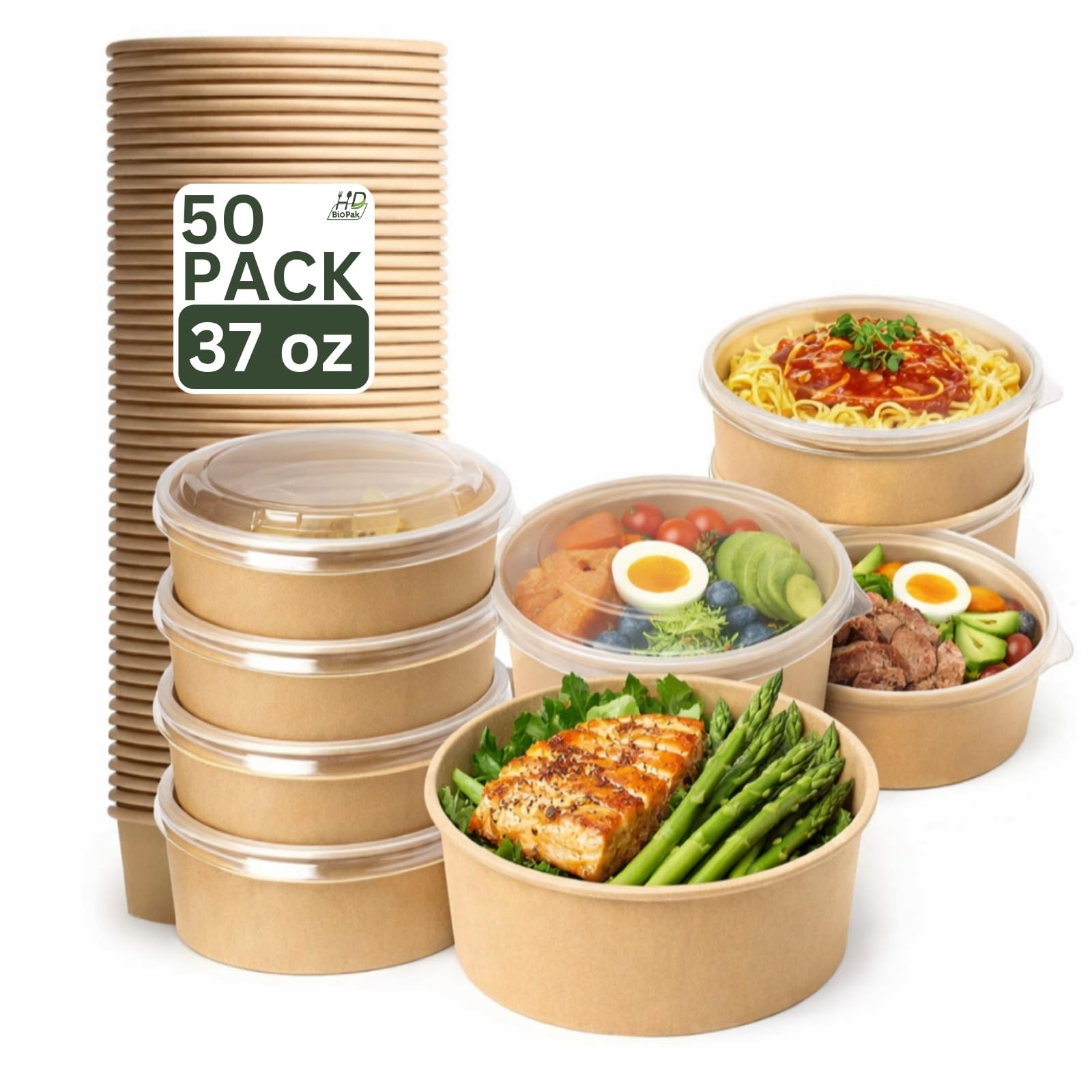 37oz 50Pack Kraft Paper Bowls with Lids, Disposable Meal Prep Containers