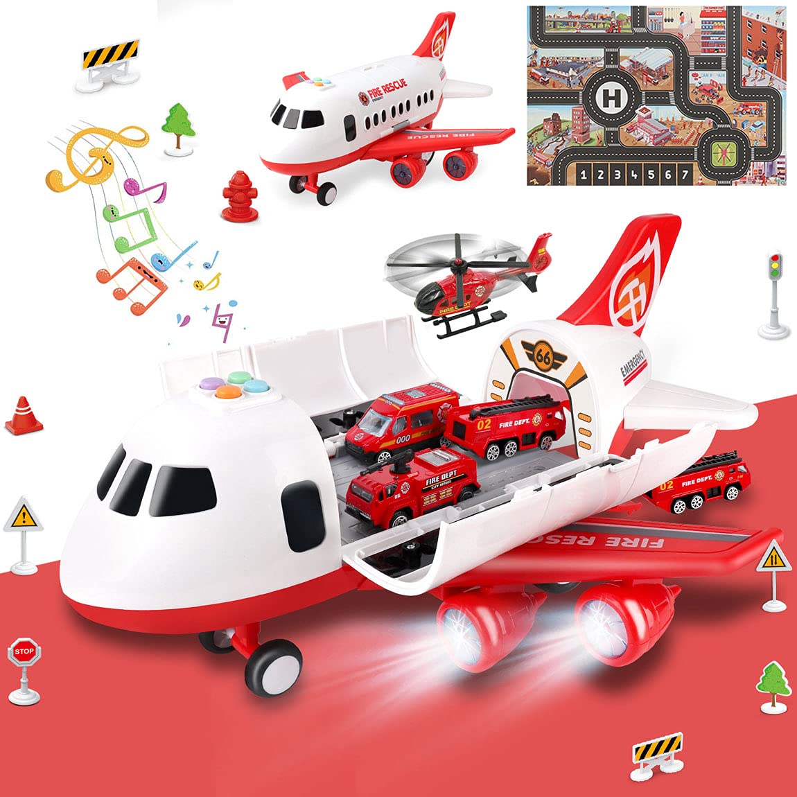 Dwi Dowellin Airplane Toy with Fire Truck Cars and Play Mat,Plane with Lights an