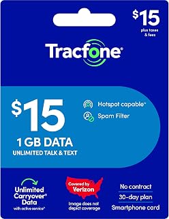 Tracfone $15 Unlimited Talk & Text, 1 GB of Data / 30 Days (Physical Card)