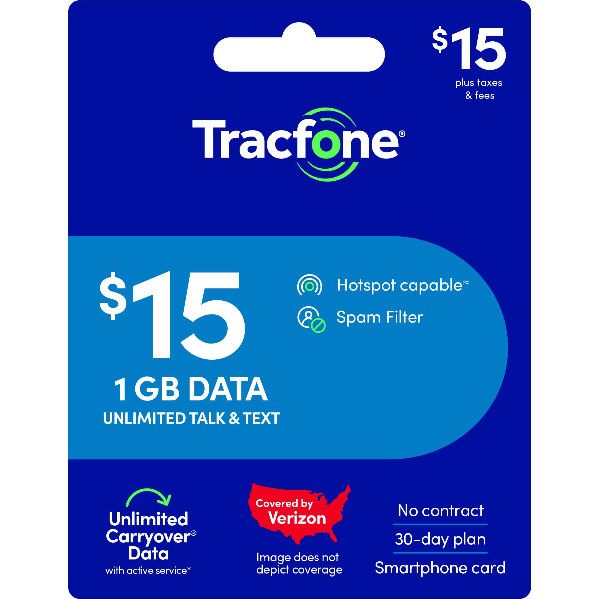 Tracfone $15 Unlimited Talk & Text, 1 GB of Data / 30 Days (Physical Card)