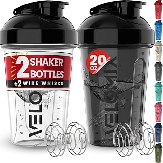 VELOMIX 2 Pack 20oz Protein Shaker Bottle for Protein Mixes, Black/Transpar | 2x Wire Whisk, Leak Proof Shaker Cups for Protein Shakes, Stackable, Dishwasher safe, BPA free, Pre Workout and Fitness ready