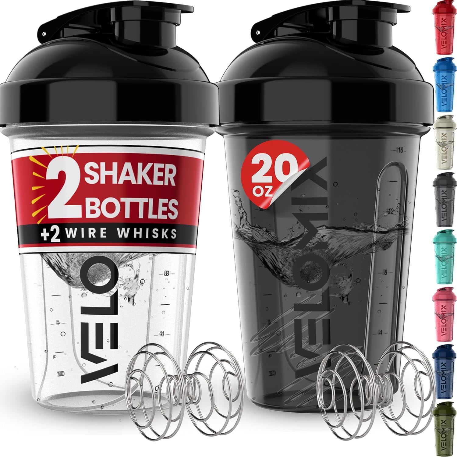 VELOMIX 2 Pack 20oz Protein Shaker Bottle for Protein Mixes, Black/Transpar | 2x