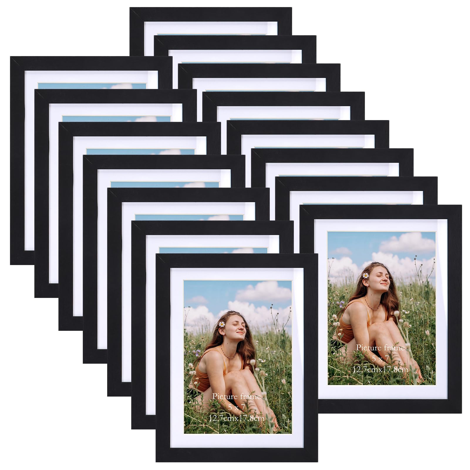 15 Pack 7x5 Photo Frames with Mat, Versatile 8x6 Photo Frames Without Mat, Black