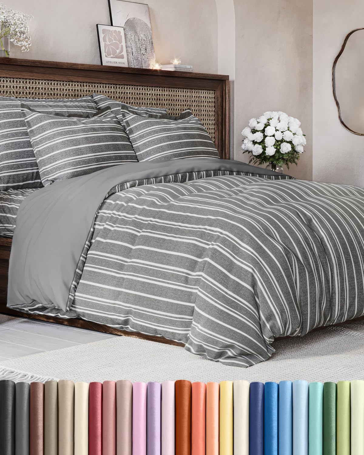 Duvet Cover Full Size - 3 Piece Set with Zipper Closure - Grey Stripes