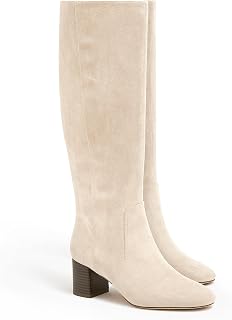 Coutgo Womens Chunky Heel Knee High Boots Suede Round Toe Fall Winter Tall Boots with Side Zipper