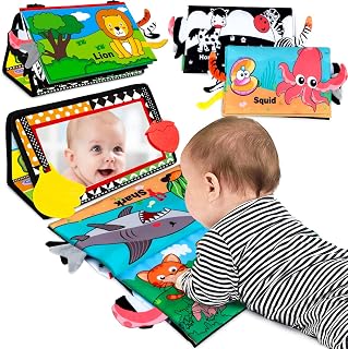 Tummy Time Toys 0-6 Months: Baby Mirror Toy with Crinkle Book Teether | Black and White High Contrast Baby Toys for Newborn - Montessori Sensory Infant Toy 0-3-6-12 Months - Boy Girl Shower Gifts