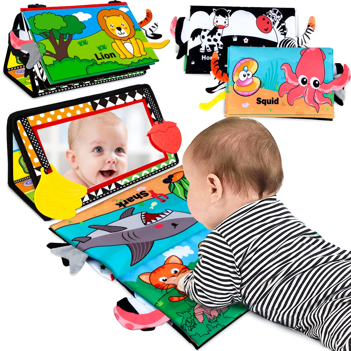 Tummy Time Toys 0-6 Months: Baby Mirror Toy with Crinkle Book Teether | Black an