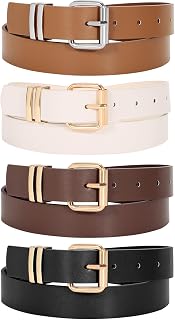 LEACOOLKEY 4 Pack Women Belts for Jeans Ladies Leather Waist Belt for Pants Jeans Dresses with Gold/Sliver Buckle