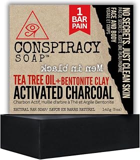 CONSPIRACY SOAP Charcoal Tea tree Bar soap for Men with Shea butter, Peppermint & Bentonite clay for Acne prone skin, oily skin, dry skin, conditioning & mild exfoliating for face & body, made in Canada, 1 bar 142g