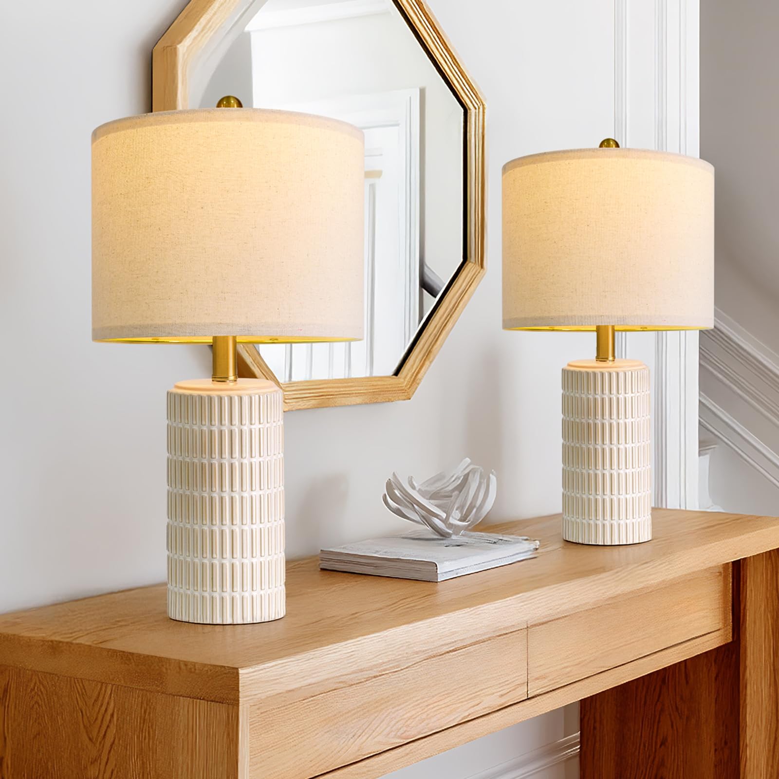 PoKat 20.75" Small Modern Ceramic Table Lamps Set of 2 for Bedroom, White | Beds