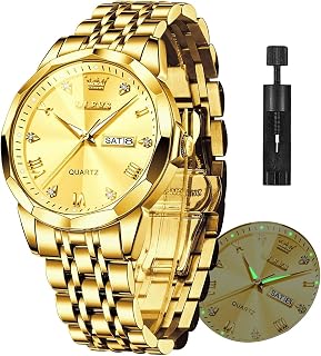 Men's Casual Stainless Steel Watch, Big Face Easy to Read Analog Quartz Watch with Day and Date, Classic Waterproof Diamond Roman Arabic Numerals Dial Dress Watch for Men, Gold Silver Black Band
