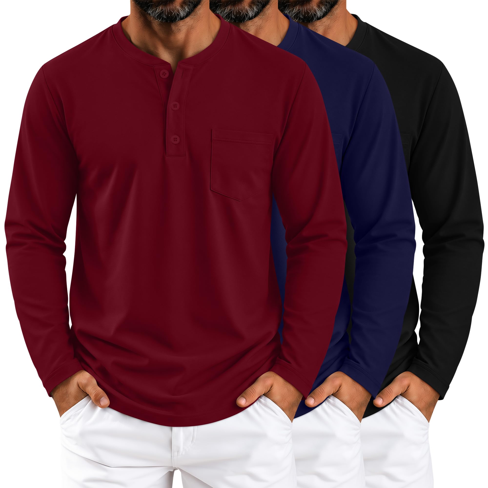 Neer 3 Pack Men's Big and Tall Henley Shirts Long Sleeve Tops