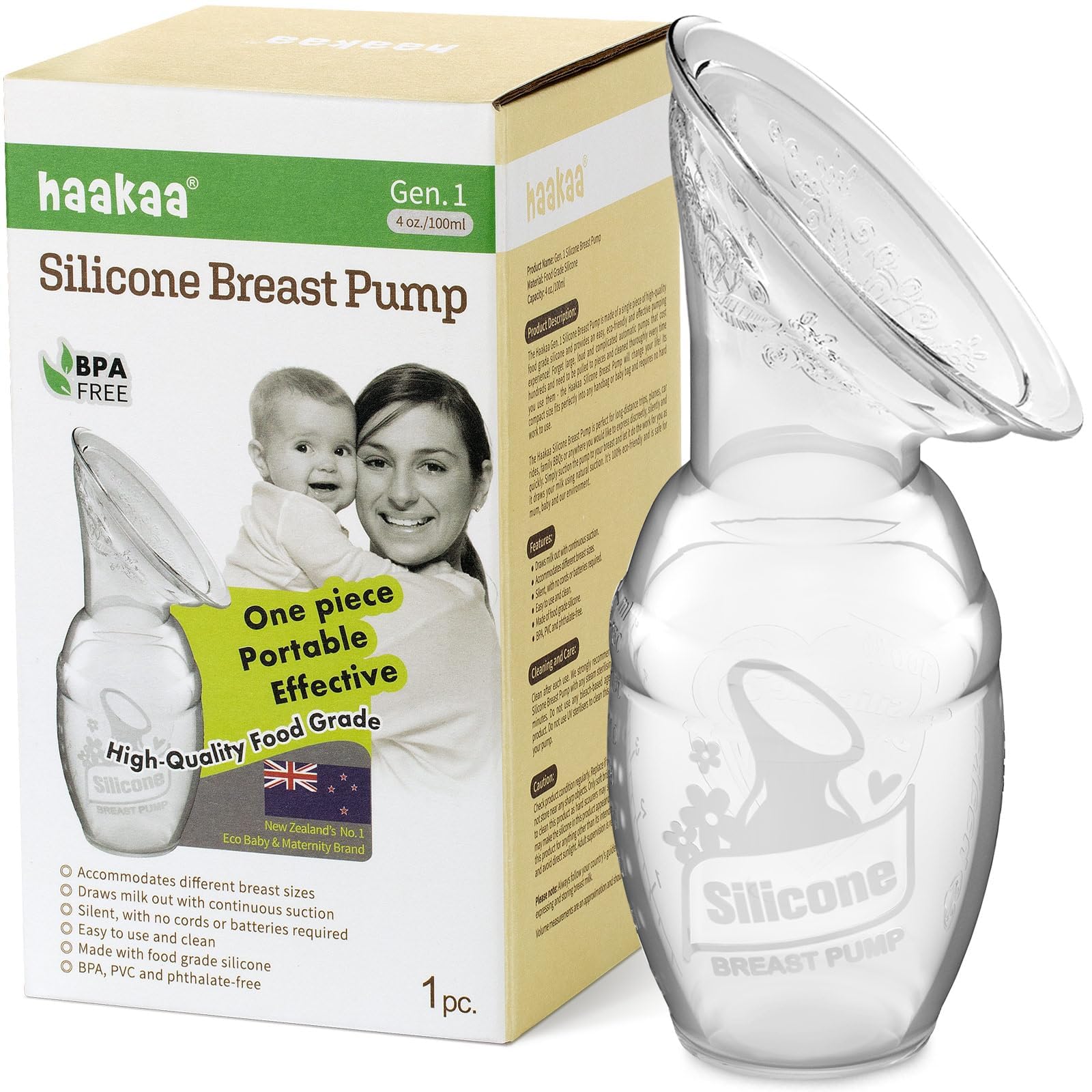 haakaa Manual Breast Pump for Breastfeeding 4oz/100ml | Natural Suction, One-Pie