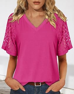 Womens Short Lace Sleeve Tops Dressy Casual V-Neck Summer Tunic Tops Pleated T-Shirts Loose Fit Work Blouses