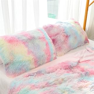 Plush Standard/Queen Pillowcase 2 Pack Rainbow Tie Dye Super Soft Fluffy Faux Fur Shaggy Pillow Cases/Covers Girls Cute Decorative Throw Pillow Shams with Zipper Closure (20"×30",Rainbow)