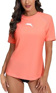 Halcurt Women Short Sleeve Rashguard Swimwear Built-in Bra UPF 50 Sun Protection Quick Dry Swimsuit Top