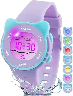 Ayybboo Kids Waterproof Watch 7 Color Light Alarm | 7 Color Lights, Cute Design, Waterproof, Alarm & Stopwatch, Great Presents for Ages 5-13