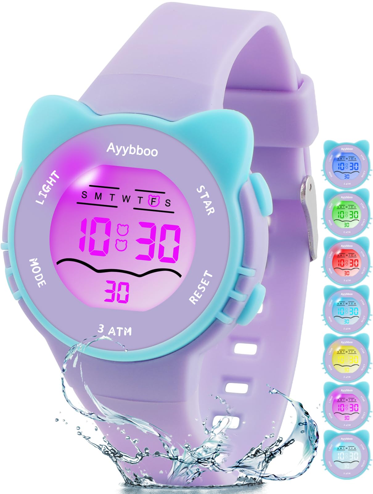Ayybboo Kids Waterproof Watch 7 Color Light Alarm | 7 Color Lights, Cute Design,