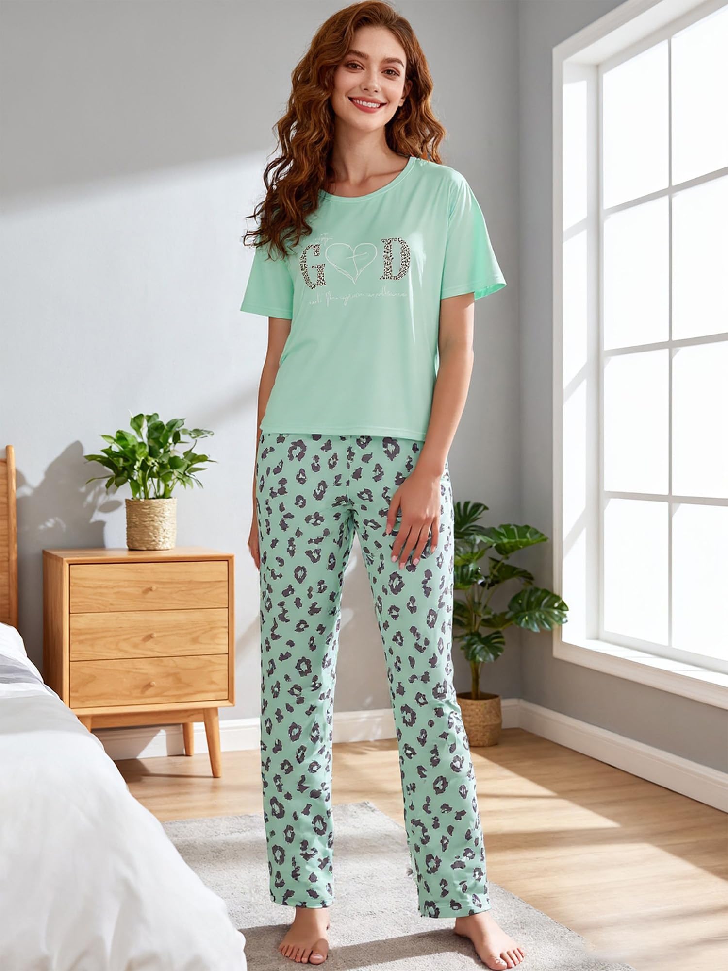 Women Long Sleeve Button Down Pyjamas Set 2 Pieces Cartoon Lounge Wear Soft Home