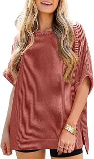 Tankaneo Womens Summer Oversized Ribbed Short Sleeve Batwing T Shirt Loose Fit Dolman Sleeve T Shirt