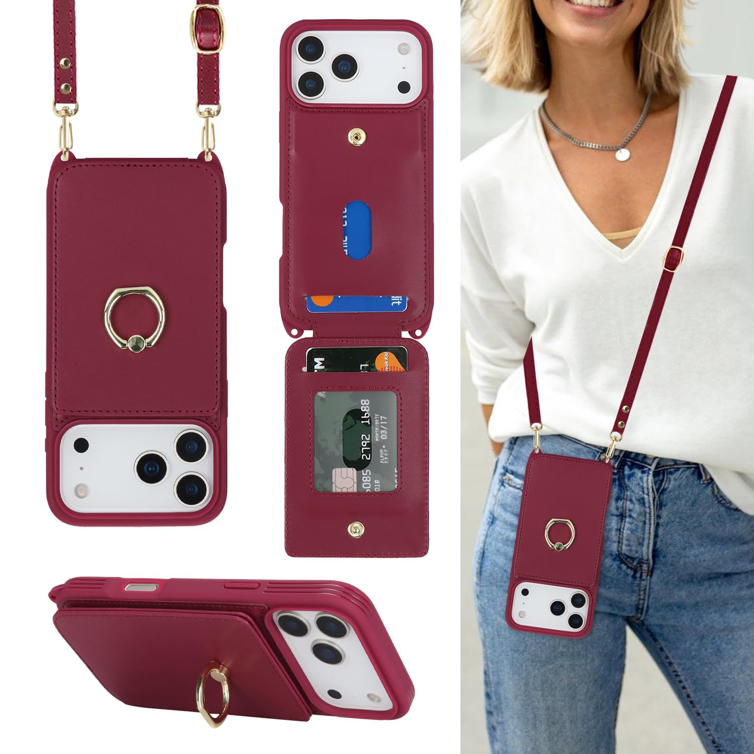 Lipvina Crossbody Wallet Case for iPhone 18 Pro / 17 Pro-Red