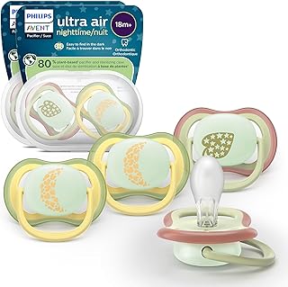 Philips Avent Ultra Air Nighttime Pacifiers - Orthodontic Design, for Babies 18 Months+, Glow in the Dark, Extra-Firm Silicone Symmetrical Nipple, BPA-free, 2 Sterilizing Cases, 4 Pack, SCF376/38
