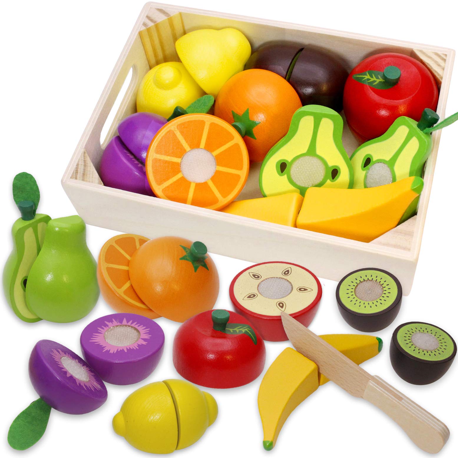 Wooden Play Food Set for Kids Kitchen Accessories | Pretend Cutting Fruits Monte