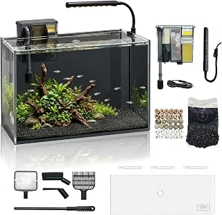 10 Gallon Fish Tank Set Glass Dark Background Aquarium Kit Starter Set | Adjustable Flow Filter Dual Media, LED Light, Diamond Black Gravel, Cleaning Tool, Acrylic Open-Back Lid for Betta Plants