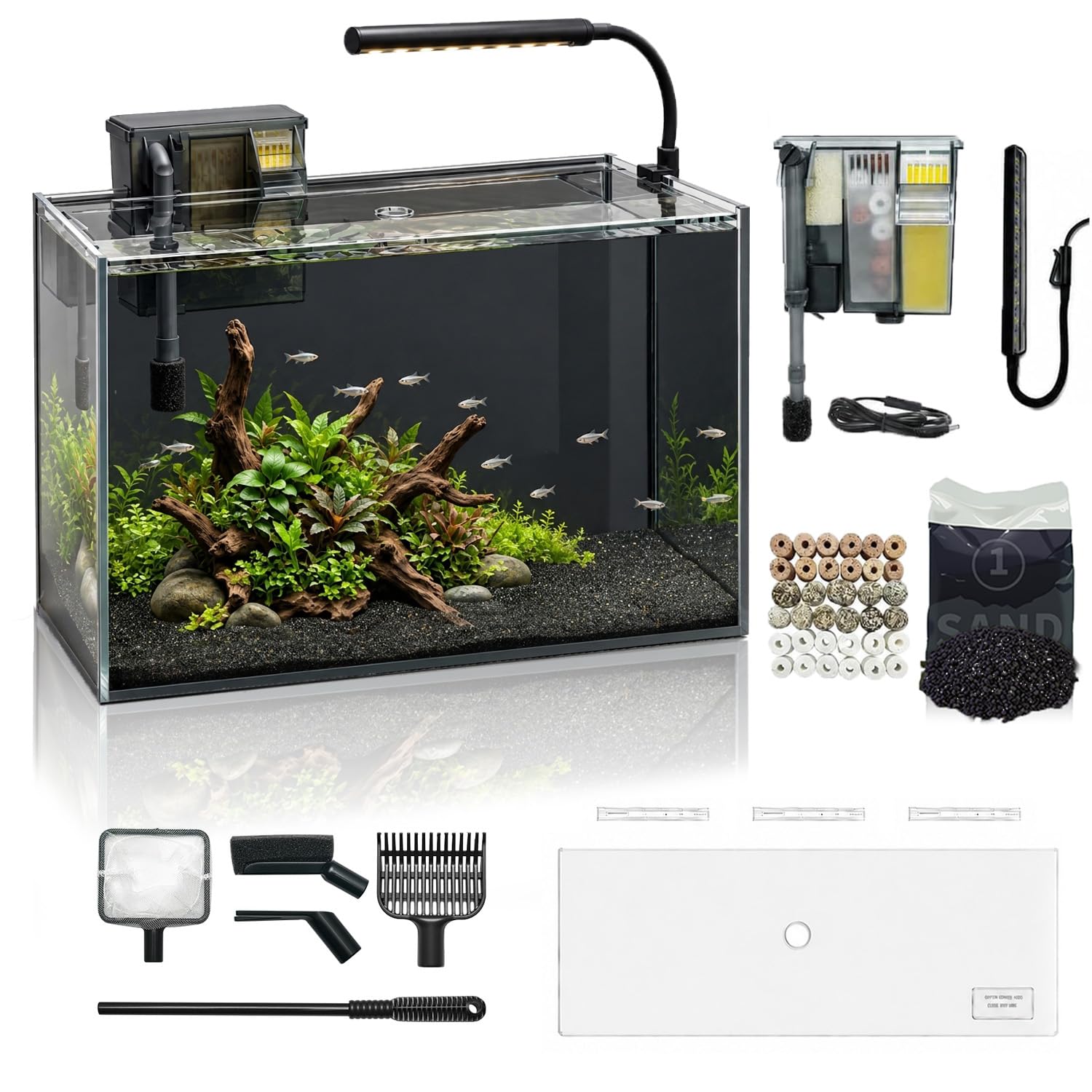 10 Gallon Fish Tank Set Glass Dark Background Aquarium Kit Starter Set | Adjusta