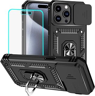 HNHYGETE for iPhone 15 Pro Case with HD Screen Protector: [Military Grade 20ft. Drop Tested] Slide Camera Cover Ring Shockproof Protective Phone Case for - iPhone 15 Pro (Black)