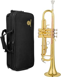 AUROSUS b flat beginner student trumpet with Rose brass leadpipe | gold lacquer brass body stainless steel valves 7c mouthpiece and protective hard case starter set for beginners
