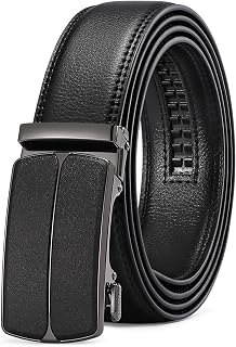 Men's Leather Belt Automatic Ratchet Buckle Slide Belt for Dress Casual Trim to Fit with Gift Box