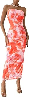 PRETTYGARDEN Women Summer Dress for Wedding Strapless Maxi Bodycon Long Floral Mesh Beach Holiday Party Dress