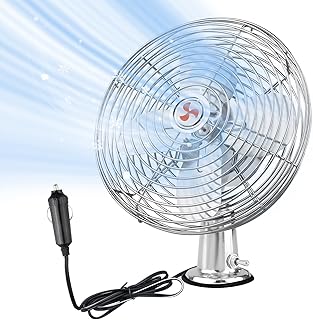 CRAFTZONE 12V Portable Fan RV | Truck Cooling Heavy Duty 9" Metal Car Fan Bus | Boat | Forklift | Car | Camper | Lawn | Mower | Tractor 2-Speed High Velocity Silver
