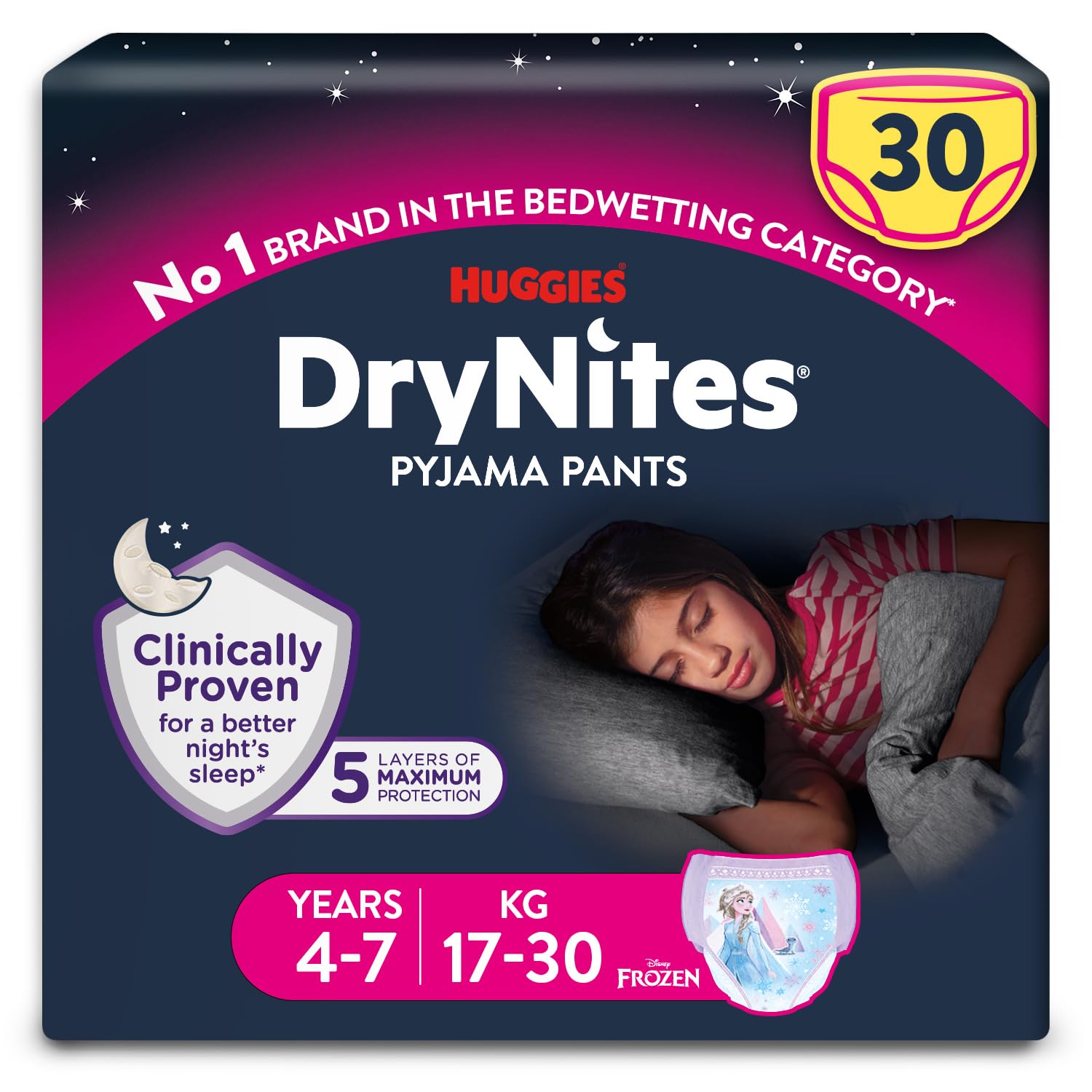 HUGGIES DryNites Pyjama Pants, Girl's 4-7 Years (17-30KG), 30 x Bedwetting Pants