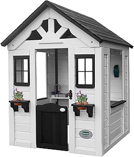 Backyard Discovery Sweetwater White Cedar Wooden Kids Playhouse Cottage with Play Kitchen, Snack Bar, Half Door, Toy Phone, Windows, Flowerpot Holders, Working Doorbell for Outdoor Imaginative Play