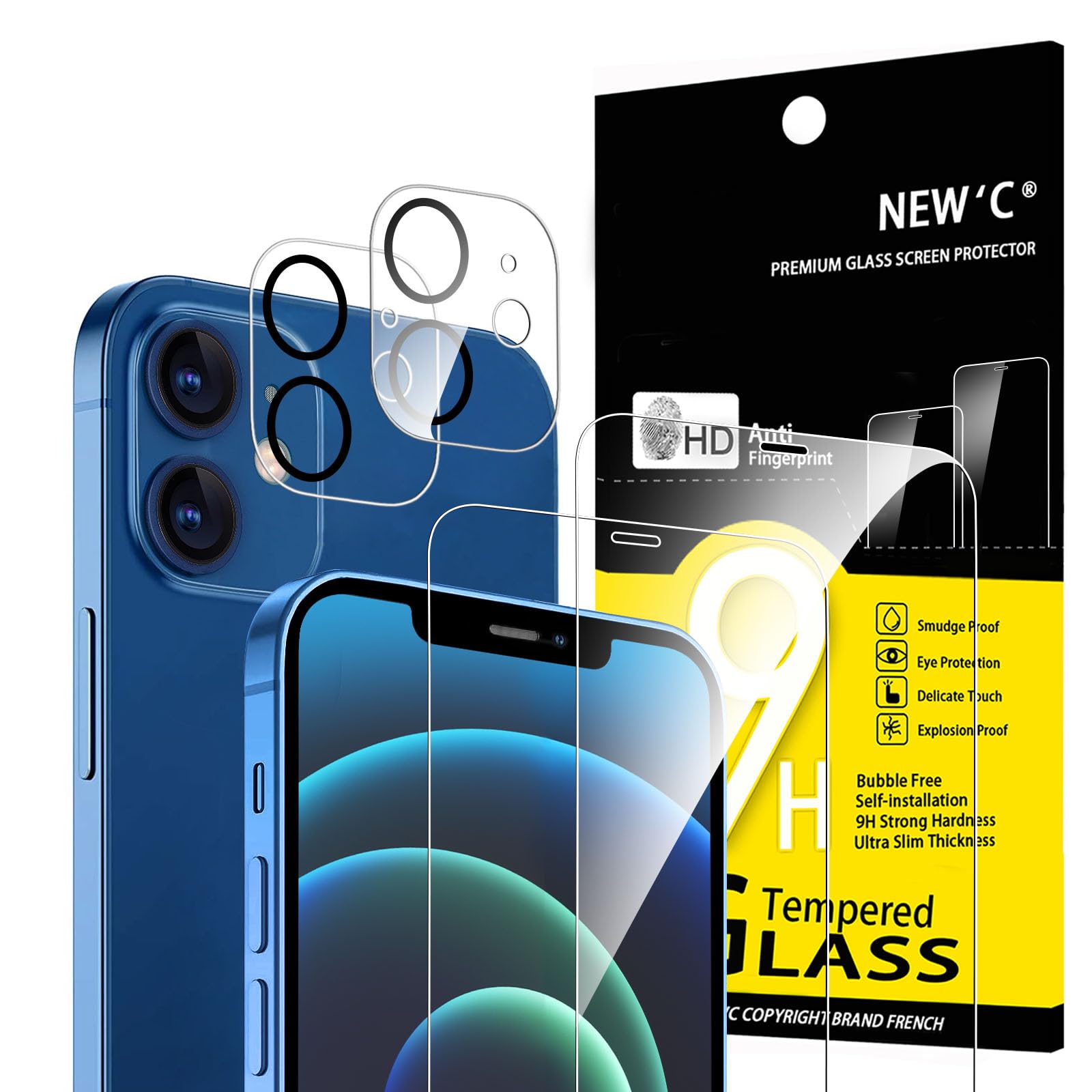 NEW'C for iPhone 12 Screen Protector + Camera Lens Protector Tempered Glass