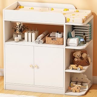 Wanan Changing Table Dresser with Large Cabinet for Nursery, Wood, White | Safety-tested, ergonomic, 4 open shelves, anti-tip, easy-clean, crystal knobs, sturdy wood, heavy-duty, versatile &amp; durable