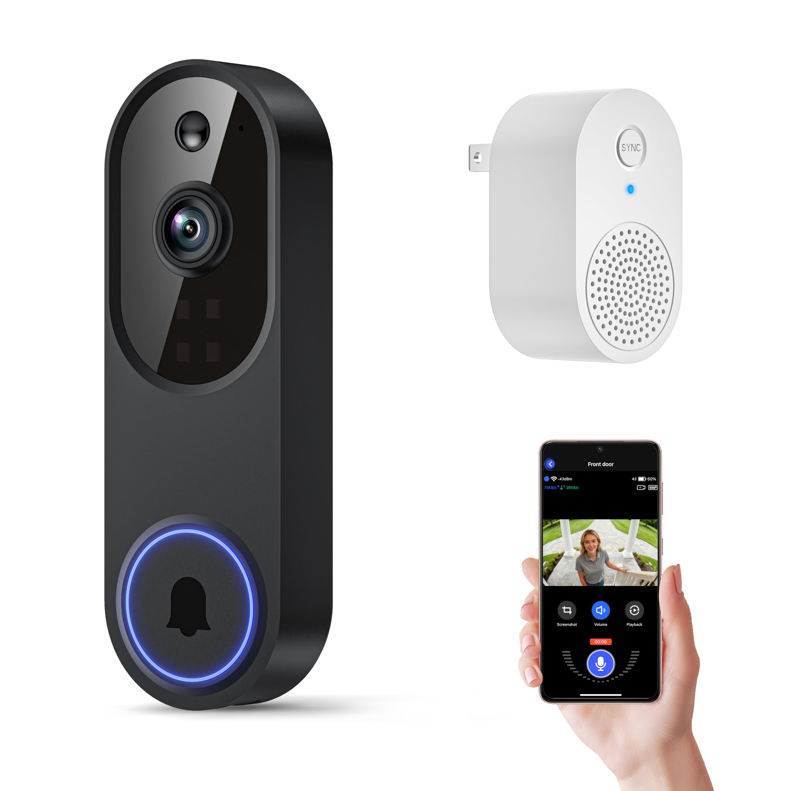 Orbitell 1080p Wireless Wi-Fi Video Doorbell Camera with Two Way Audio, Night Vi