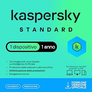 Kaspersky Standard Anti-Virus 2026 | 1 dispositivo | 1 anno | Sicurezza avanzata | Protezione delle operazioni bancarie online | Ottimizzazione delle prestazioni | PC/Mac/mobili | Attivazione e-mail