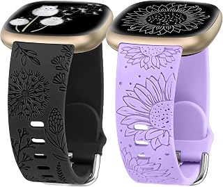 Minyee 2 Packs Floral Engraved Band Compatible with Fitbit Versa 4/Versa 3/Sense 2/Sense Band Women, Cute Silicone Dandelion Sunflower Design Soft Sport Fancy Summer Strap for Versa 4