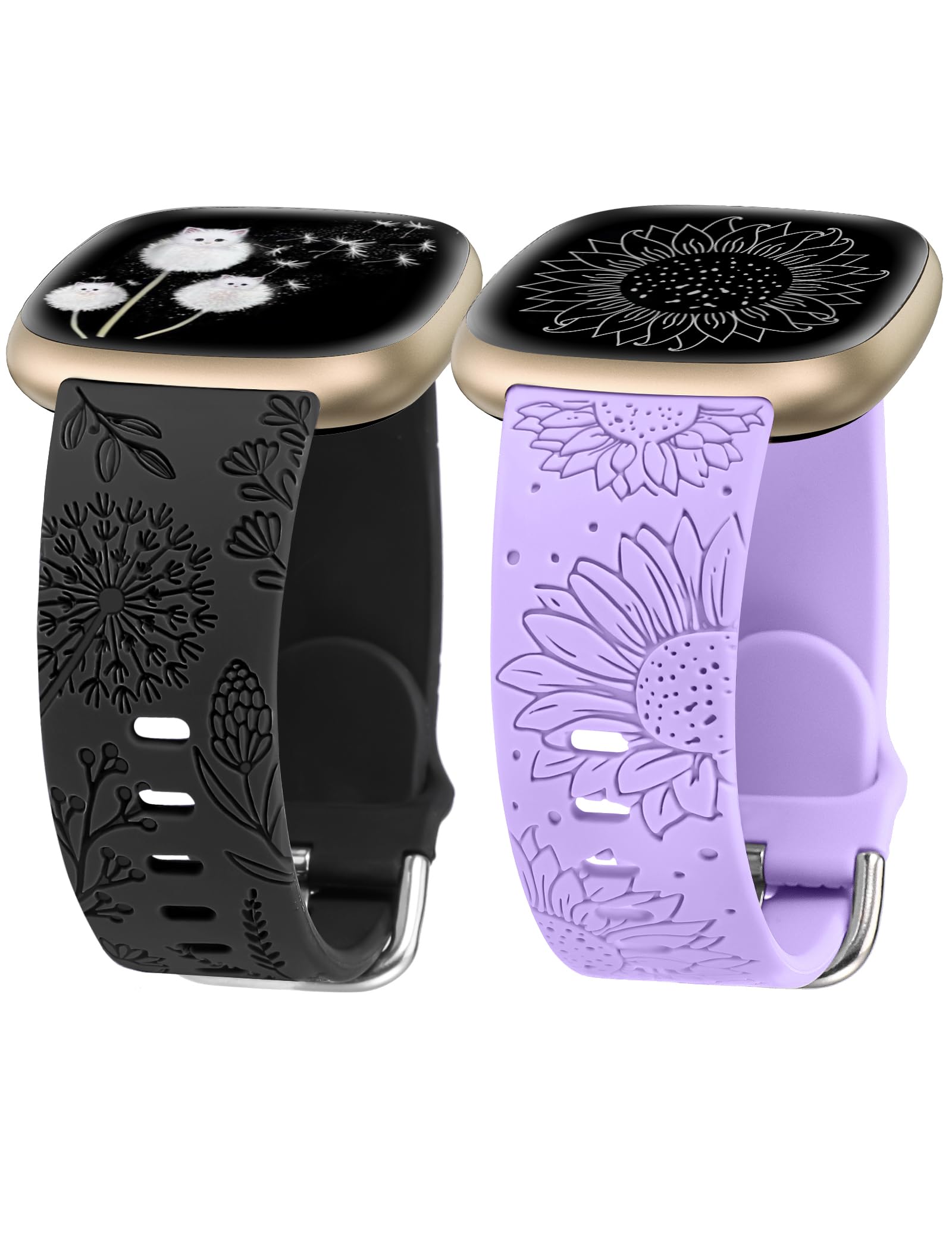 Minyee 2 Packs Floral Engraved Band Compatible with Fitbit Versa 4/Versa 3/Sense