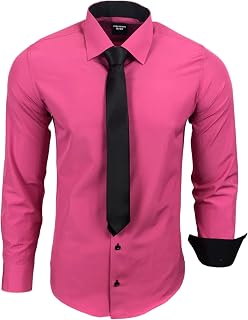 Subliminal Mode Men's Shirt Long Sleeve Plain Two-Tone Collar + Black Tie Slim Fit Business Shirt Easy Iron RN77