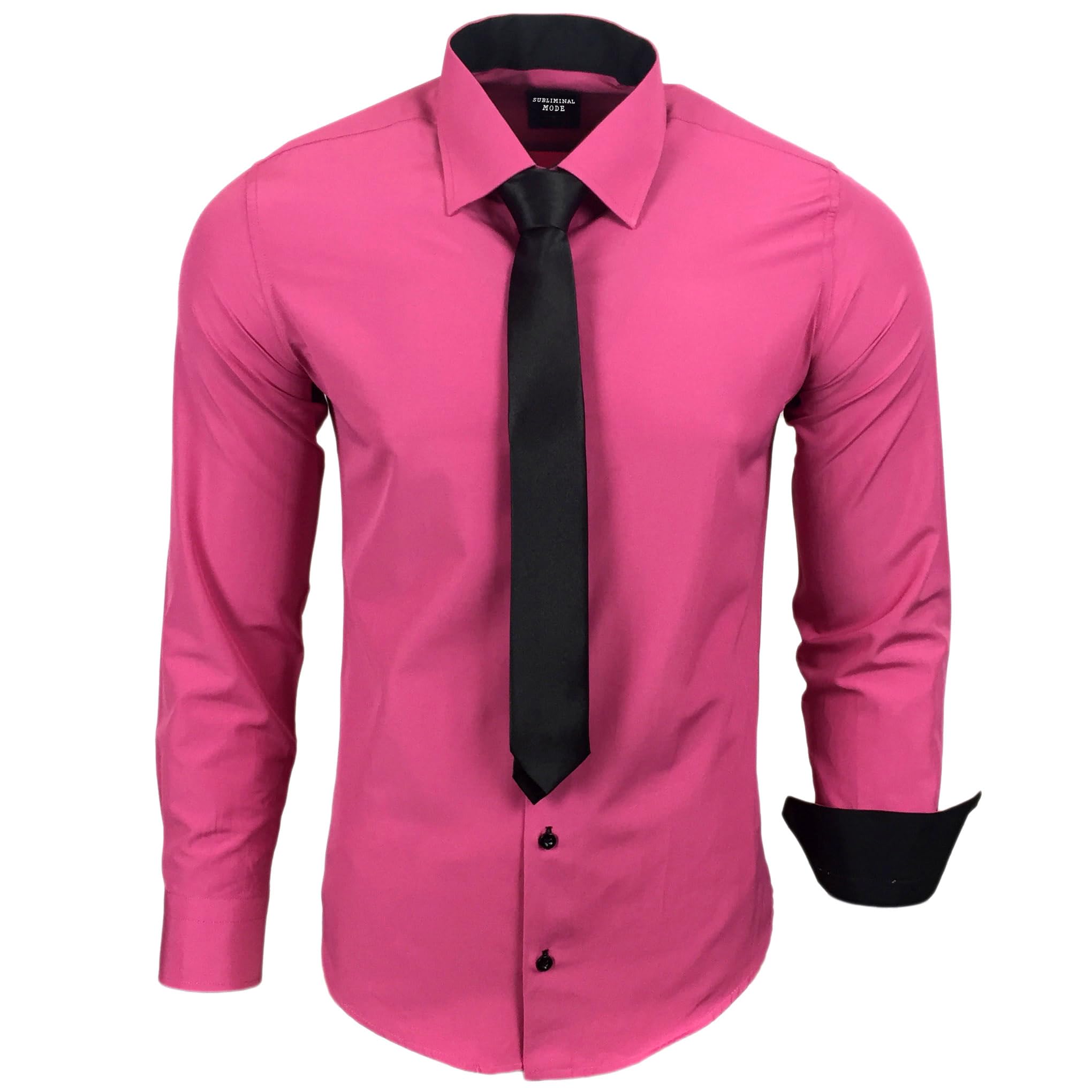 Subliminal Mode Men's Shirt Long Sleeve Plain Two-Tone Collar + Black Tie Slim F
